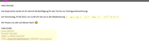 Zusage zur Unterschrift für einen Arbeitsvertrag!