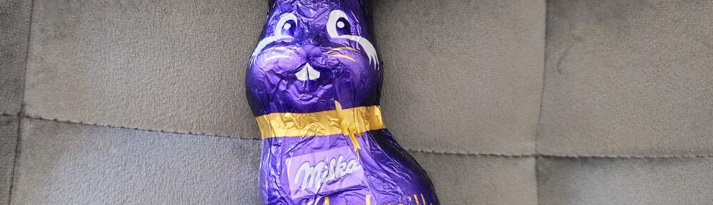 Vintage-Osterhase, Jahrgang 2023 – mit bemerkenswerter Geduld. Lebt seit über zwölf Monaten im Süßigkeitenschutzprogramm.