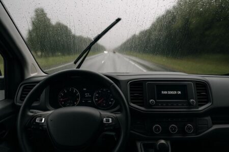 ChatGPT: Fotorealistische Innenansicht eines Transporters im Regen, Blick auf Straße und Armaturen. KI-generiert.