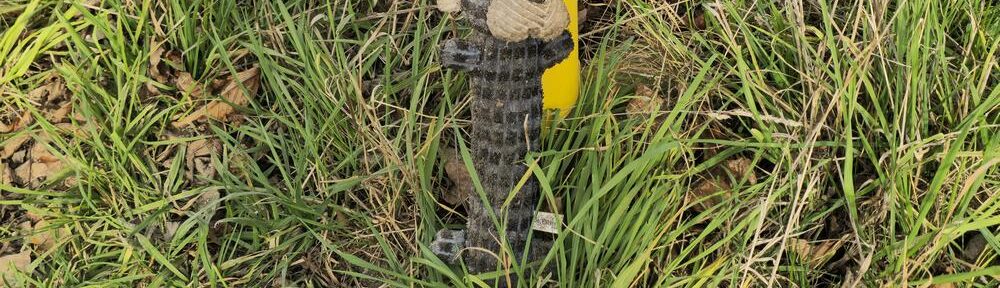 Gefundener Stoffhund in Ober-Ramstadt, schmutzig und nass, angelehnt an einen gelben Pfosten im hohen Gras am Feldrand. Rundherum liegen Blätter und trockenes Gras.