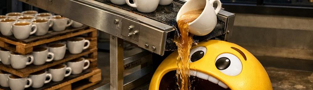 Eine künstliche Intelligenz, die versucht, das Chaos im Kopf des Bloggers zu visualisieren – inklusive Kaffeedurst und technischem Wahnsinn.