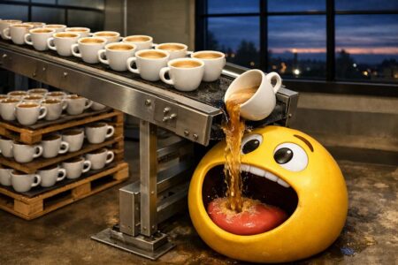 Eine künstliche Intelligenz, die versucht, das Chaos im Kopf des Bloggers zu visualisieren – inklusive Kaffeedurst und technischem Wahnsinn.