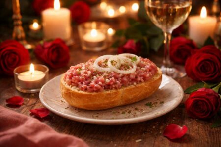 Mettbrötchen mit Zwiebeln im Kerzenlicht, Rosen und ein Glas Wein im Hintergrund.