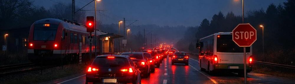 Dunkler, nasser Morgen, lange Autoschlange, rote Rücklichter spiegeln auf der Straße. Links steht ein Zug am Bahnsteig, rechts wartet ein Bus am Stoppschild. Bild KI-generiert.