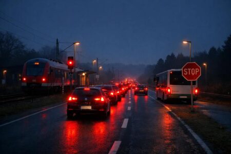 Dunkler, nasser Morgen, lange Autoschlange, rote Rücklichter spiegeln auf der Straße. Links steht ein Zug am Bahnsteig, rechts wartet ein Bus am Stoppschild. Bild KI-generiert.