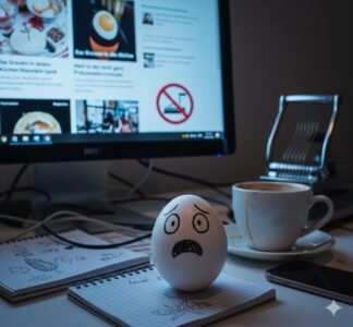 Ein sichtlich traumatisiertes Moralei sitzt auf einem Notizblock am Schreibtisch. Im Hintergrund leuchtet ein Monitor mit dem Blog-Beitrag „Das Grauen in der Küche“, während ein Eierschneider bedrohlich daneben aufragt.