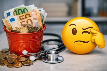 Eimer mit Euro-Scheinen und Münzen, daneben ein Stethoskop und ein gelbes Emoji, das sich an die Stirn tippt.
