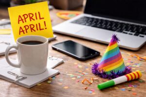 KI-generiertes Bild eines zwangslustigen Schreibtischs mit Kaffee, Laptop und April-Kram als Symbol für den 1. April.