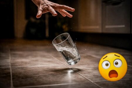 Eine Hand lässt ein Wasserglas über dunklen Fliesen fallen, daneben ein panischer Smiley, der Moment kurz vor dem Aufprall. KI generiert.