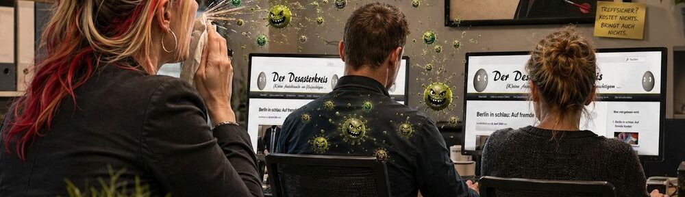 Beate niest grinsende Bazillen quer durchs Büro, während auf den Monitoren der Desasterkreis läuft. Satirisches KI-Bild zum Karenztag.