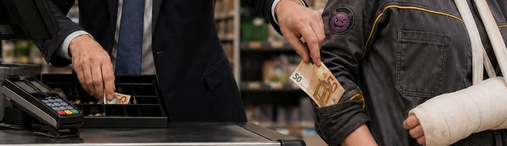Ein kopfloser Anzug greift in die Ladenkasse und steckt das Geld einer sichtbar angeschlagenen Arbeitnehmerin in die Tasche. Satirisches KI-Bild zur politischen Entlastung auf fremde Kosten.
