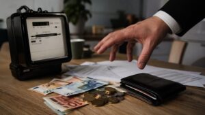 Stromzähler, Geld und zugreifende Hand als Bild für das Abkassieren beim Strom. KI-generiertes Bild