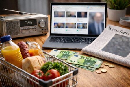 Radio, Laptop, Zeitung, Einkaufskorb und Euroscheine als Sinnbild für Konsumdruck und Dauerbeschallung, fotorealistisch per KI erstellt.