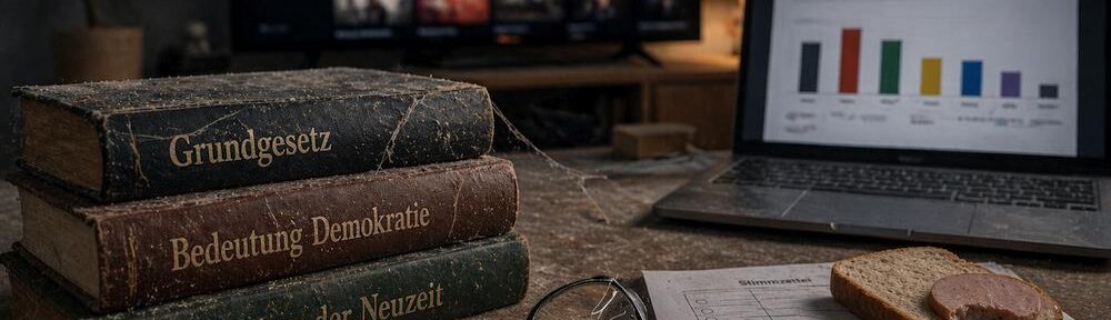 KI-generiertes Symbolbild für verstaubte Bildung, bequeme Ablenkung und Entscheidungen mit Wurstbrot statt Durchblick.