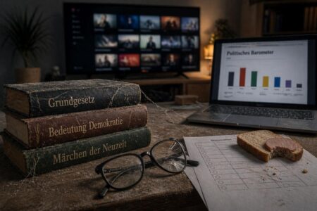 KI-generiertes Symbolbild für verstaubte Bildung, bequeme Ablenkung und Entscheidungen mit Wurstbrot statt Durchblick.