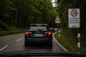 Zäher Kolonnenverkehr auf nasser Landstraße, ein unruhiger Vordermann zerlegt den Fahrfluss, Bild KI-generiert.