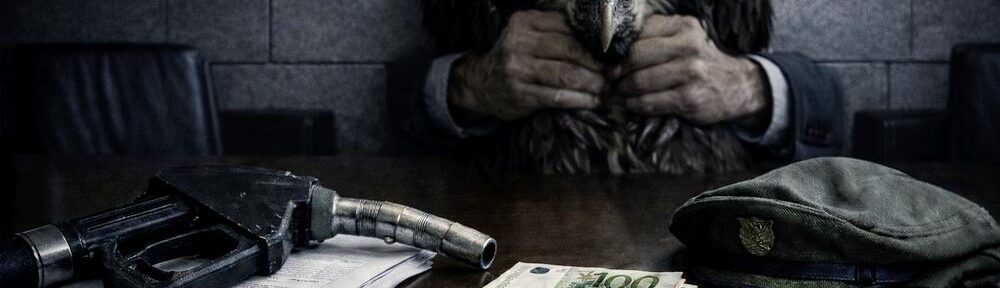 KI-Symbolbild: Geier im Würgegriff, davor Geld und Zapfpistole