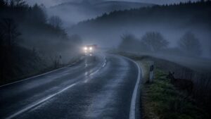 Neblige Landstraße im frühen Morgenlicht, ein Reh steht am Straßenrand - KI generiert