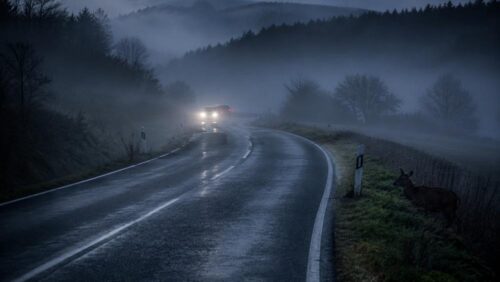 Neblige Landstraße im frühen Morgenlicht, ein Reh steht am Straßenrand - KI generiert