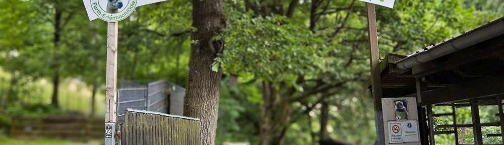 Eingang zum Bergtierpark Fürth-Erlenbach mit Willkommensschild zwischen Bäumen und Wegen.