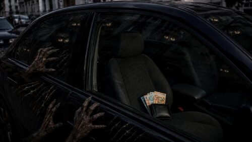 Ein Auto mit Geldbörse auf dem Beifahrersitz, während gierige Augen und krallenartige Hände nach dem Geld spähen.