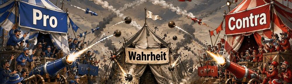 Drei Lager, Dauerfeuer von allen Seiten und die Wahrheit steht wie so oft mitten drin, das Beitragsbild wurde mit Künstlicher Intelligenz erstellt.