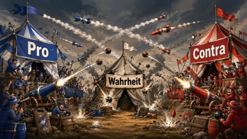 Drei Lager, Dauerfeuer von allen Seiten und die Wahrheit steht wie so oft mitten drin, das Beitragsbild wurde mit Künstlicher Intelligenz erstellt.