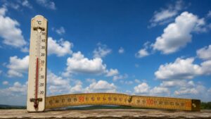 Blauer Wolkenhimmel mit Thermometer und verbogenem Zollstock als Sinnbild für Wetter, Messung und verschobene Maßstäbe.