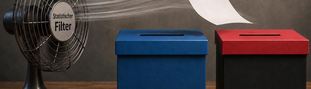 Ein Wahlschein wird per „Statistischem Filter“ von der blauen in die rot-schwarze Urne gepustet. KI-generiertes Symbolbild.