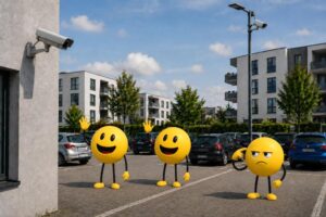 Zwei Smileys winken Überwachungskameras zu, der dritte zeigt ihnen den Vogel. KI-generiertes Symbolbild.