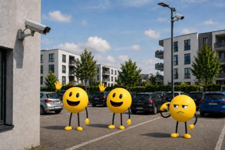 Zwei Smileys winken Überwachungskameras zu, der dritte zeigt ihnen den Vogel. KI-generiertes Symbolbild.