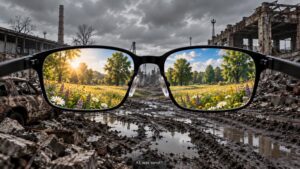 Brille mit sonniger Wunschwelt vor einer tristen Realität. KI, was sonst?