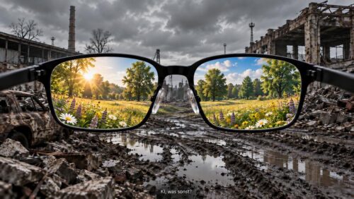 Brille mit sonniger Wunschwelt vor einer tristen Realität. KI, was sonst?