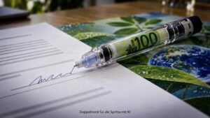 Der Hunderter steckt im Pen, die Nadel unterschreibt und Nachhaltigkeit darf die Unterlage spielen. KI-generiert.
