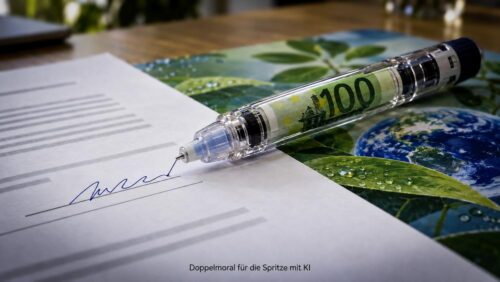 Der Hunderter steckt im Pen, die Nadel unterschreibt und Nachhaltigkeit darf die Unterlage spielen. KI-generiert.