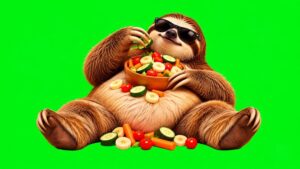 Ein gemütliches Faultier mit Sonnenbrille und Salatschüssel vor grünem Hintergrund – die passende Greenscreen-Animation gibt es kostenlos zum Download, auch für gewerbliche Videos.