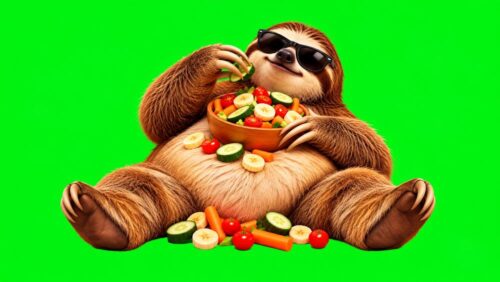 Ein gemütliches Faultier mit Sonnenbrille und Salatschüssel vor grünem Hintergrund – die passende Greenscreen-Animation gibt es kostenlos zum Download, auch für gewerbliche Videos.