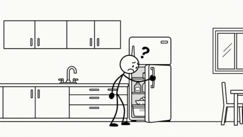 Strichmännchen steht ratlos vor dem geöffneten Kühlschrank und findet offenbar nichts Passendes zu essen.