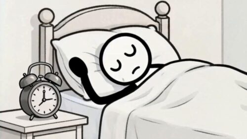 Strichmännchen liegt noch im Bett und greift verschlafen nach dem Wecker.