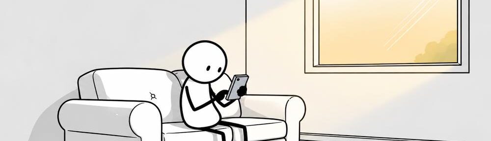 Strichmännchen sitzt auf dem Sofa und schaut aufs Smartphone, während draußen noch Tageslicht ist.