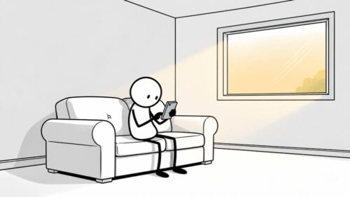 Strichmännchen sitzt auf dem Sofa und schaut aufs Smartphone, während draußen noch Tageslicht ist.