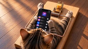 Katze mit Smartphone in der Musikfalle.